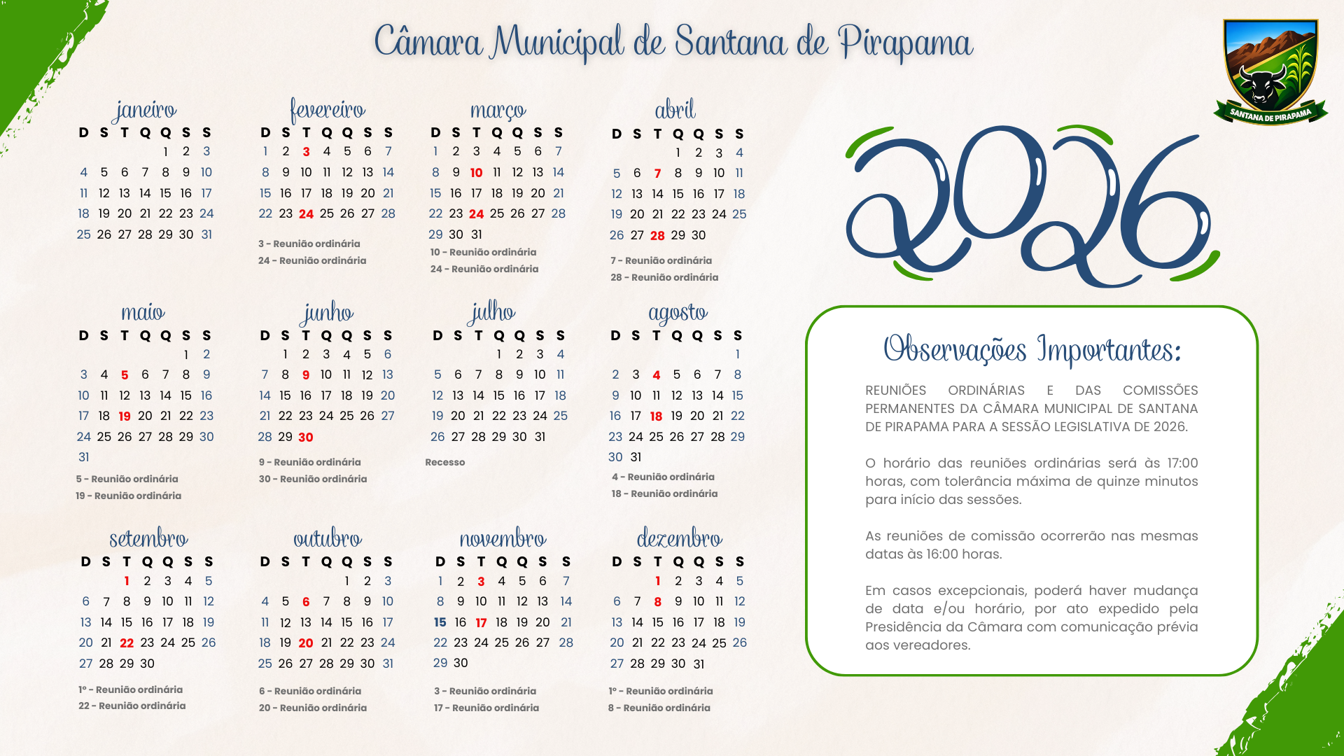 Calendário de Reuniões da Câmara em 2026 já está definido